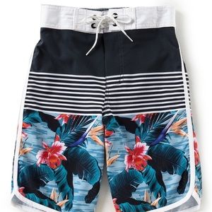 Big Boys Floral Border Stripe Swim Trunks